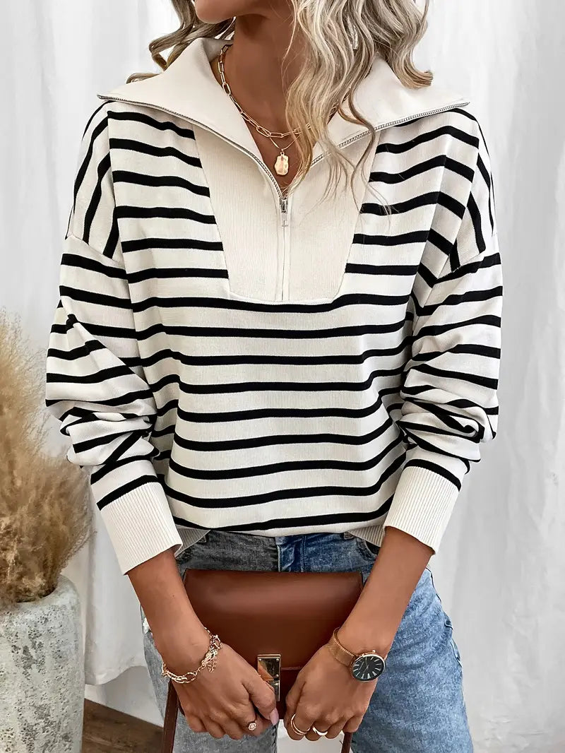 Elegant Stripe Zip Up Collared Sweater
