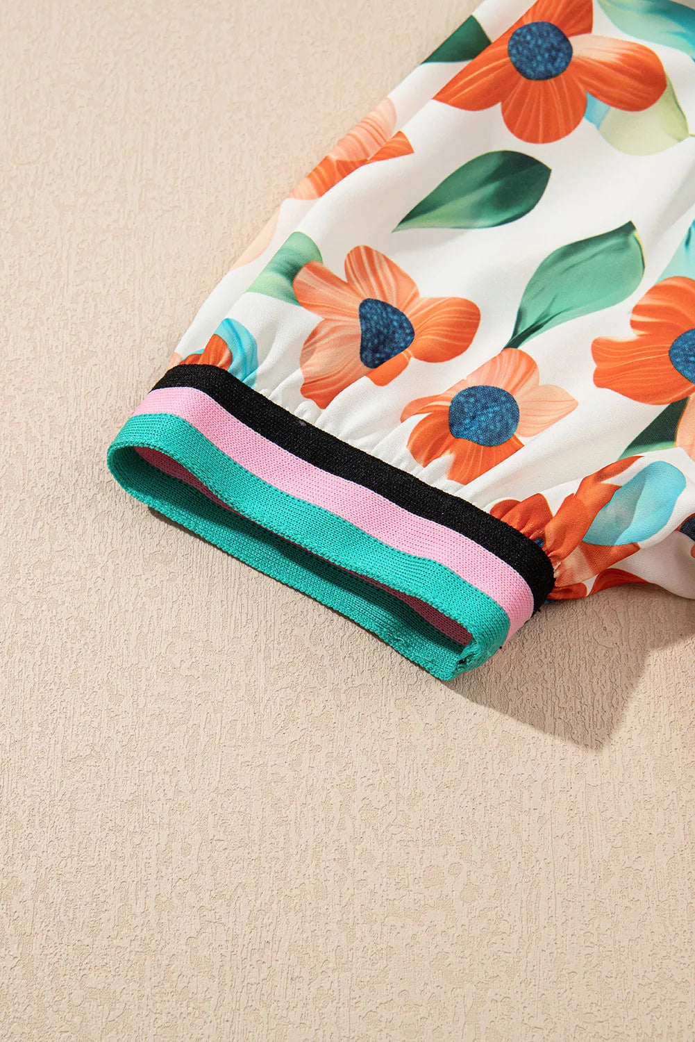 Orange Contrast Trim Floral Split Neck Puff Short Sleeve Tiered Dress