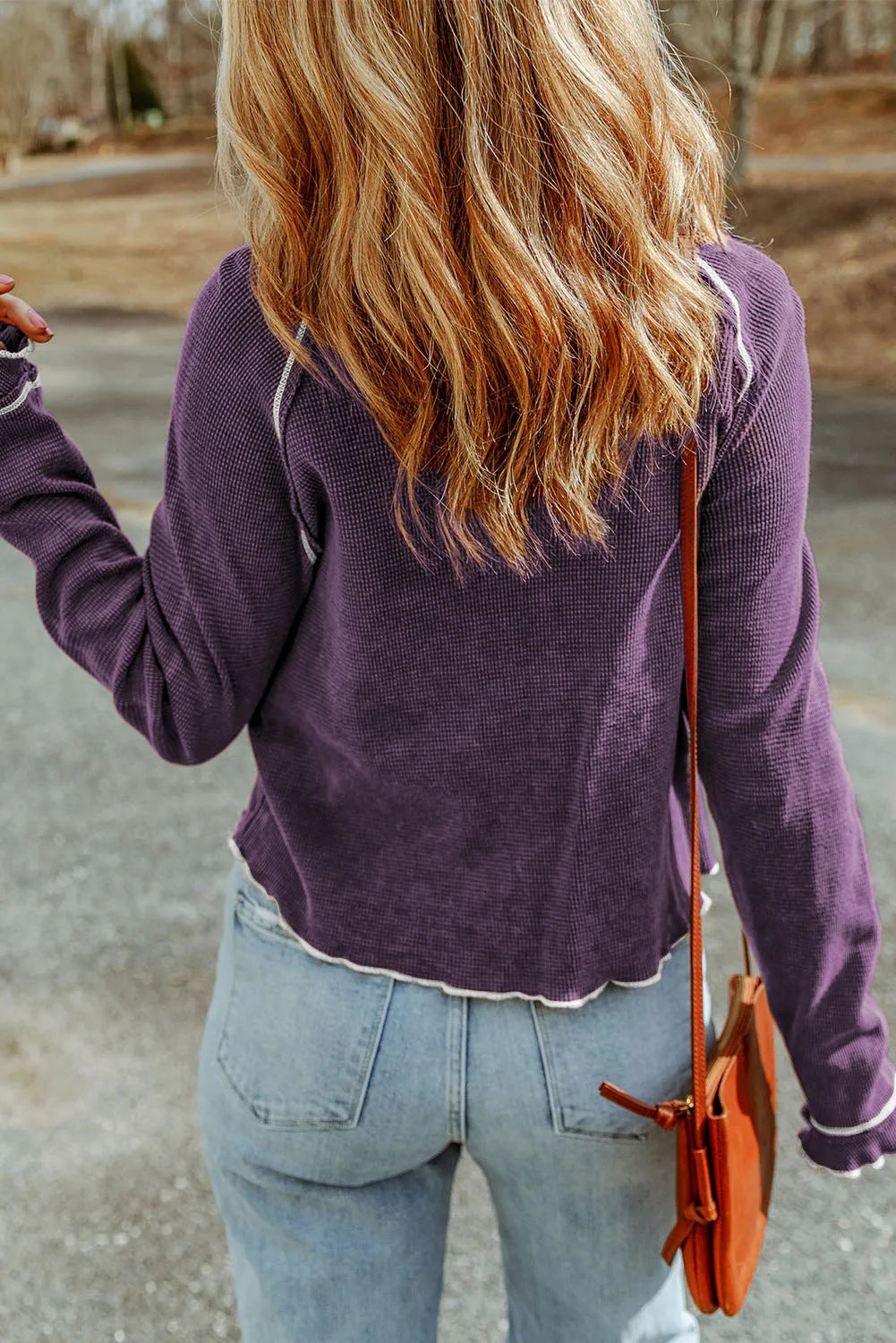 Purple Textured Round Neck Long Sleeve Top