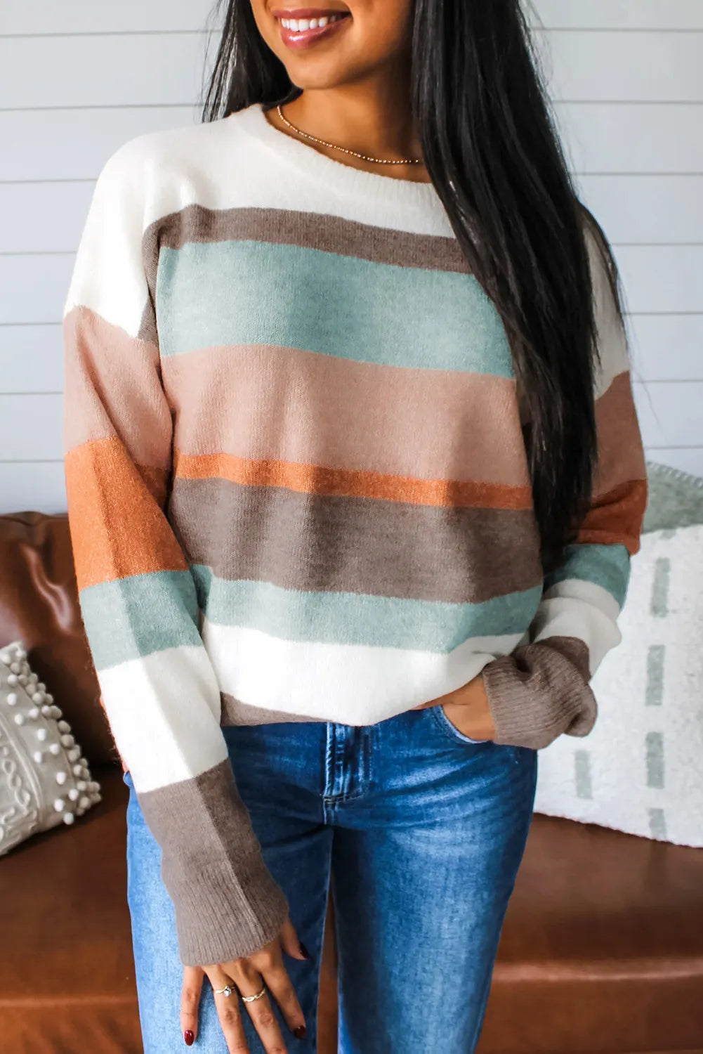Muted Fall Striped Color Block Knit Drop Shoulder Sweater