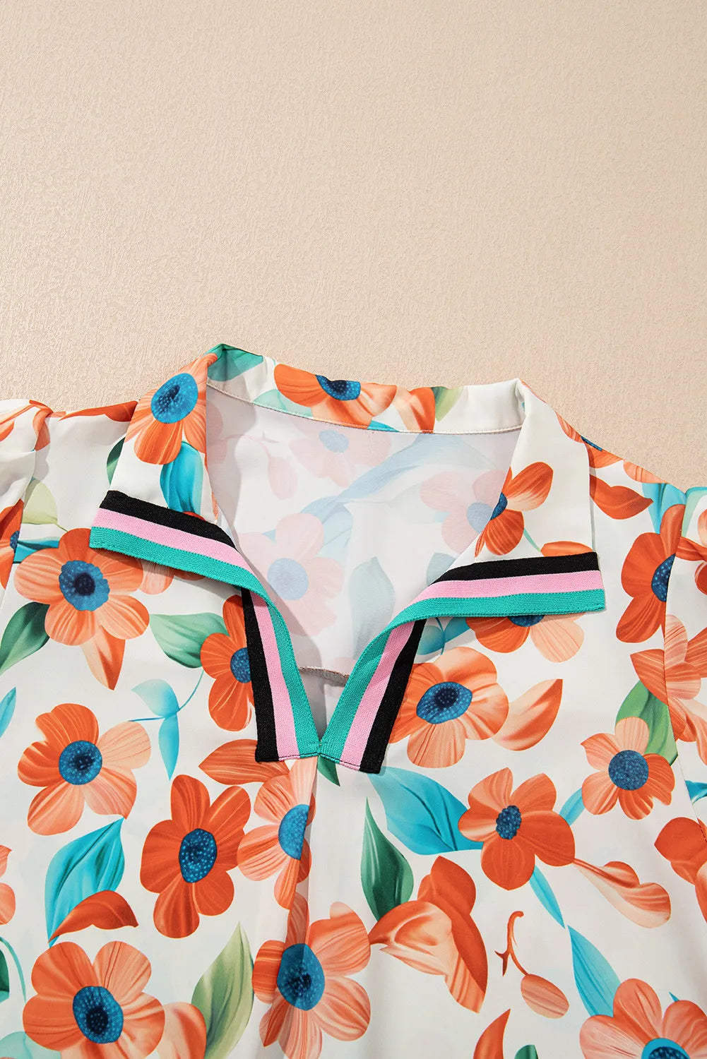 Orange Contrast Trim Floral Split Neck Puff Short Sleeve Tiered Dress