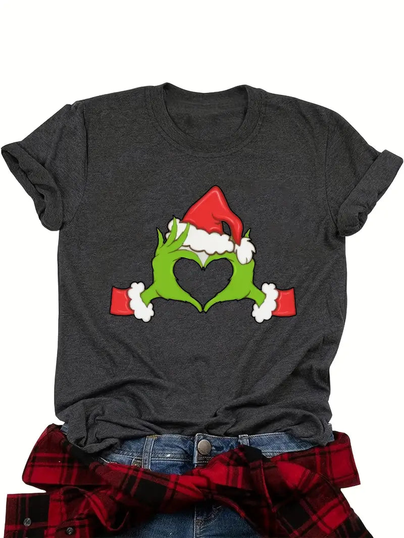 Christmas Graphic Print Crew Neck T-Shirt Grinch - 1148