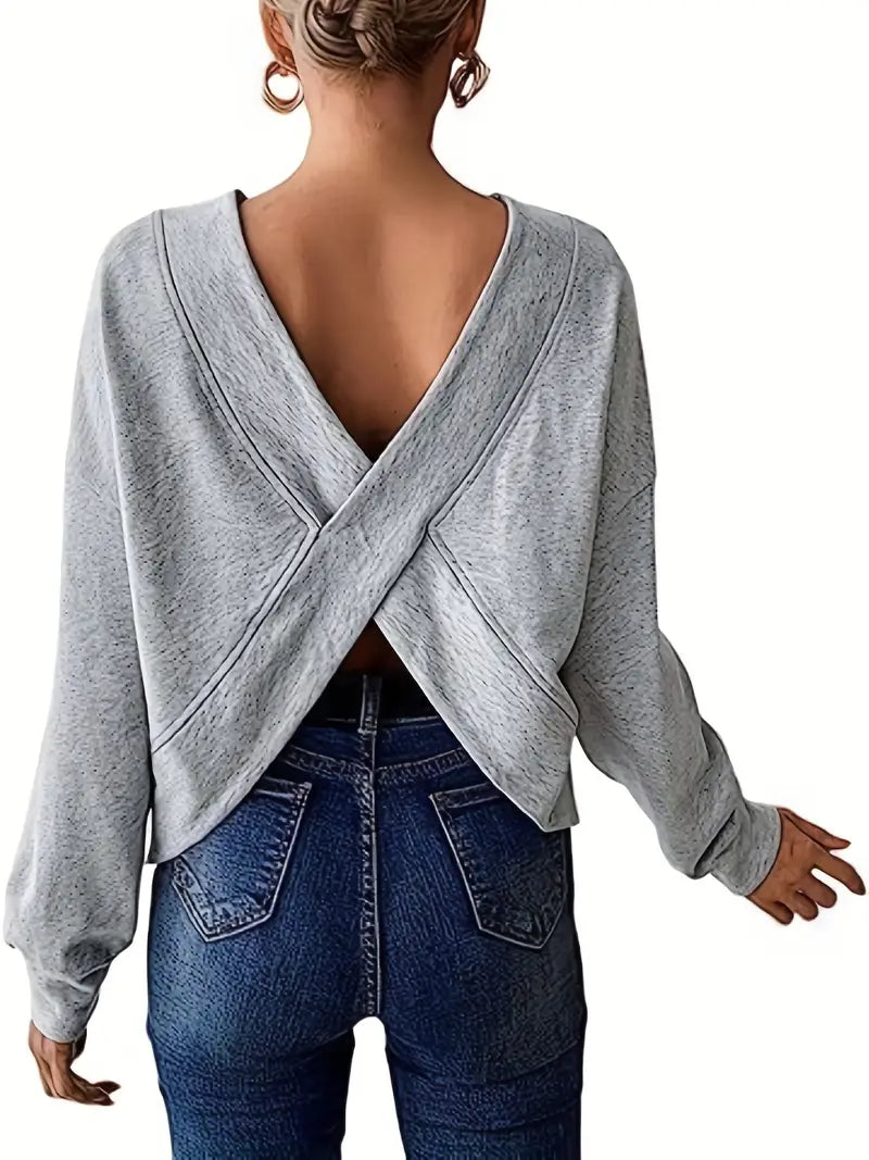 Solid Cross Back Cut Out Pullover Sweatshirt 1146