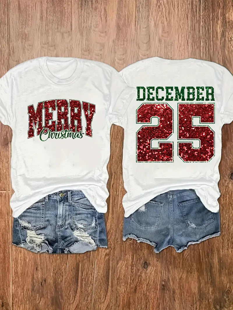 Christmas Themed Letter Print T-Shirt for Women - #25