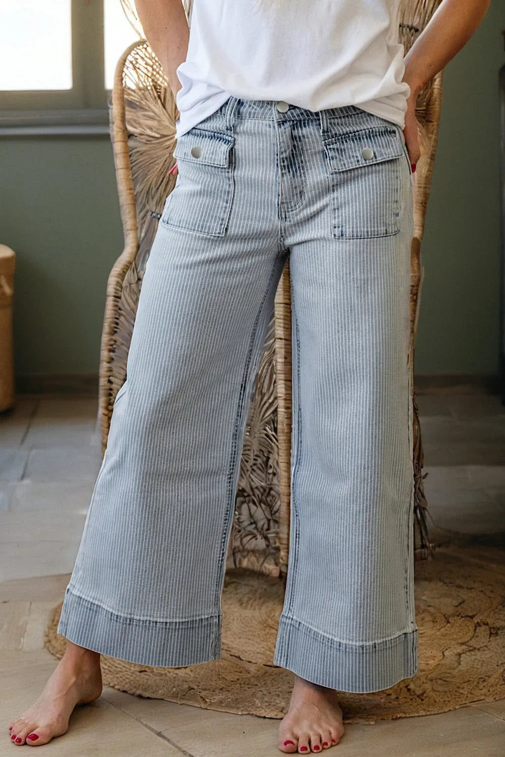 Sky Blue Stripe Button Flap Pocket Cuffed Hem Wide Leg Jeans