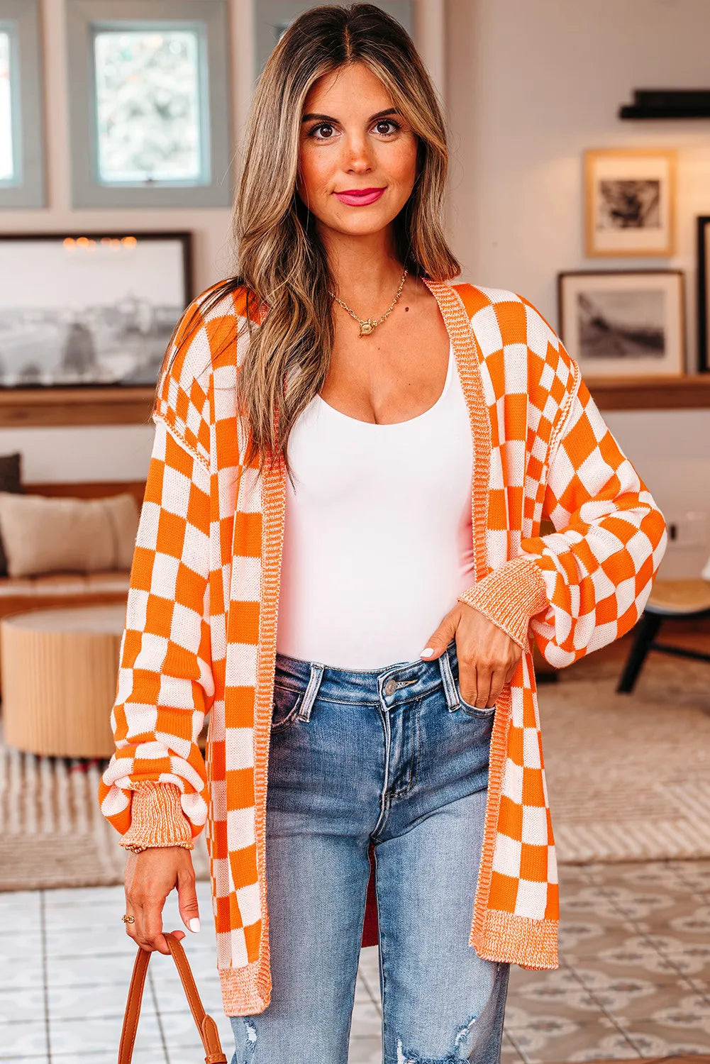 Orange Regular & Plus Size Checkered Bubble Sleeve Drop Shoulder Open Cardigan
