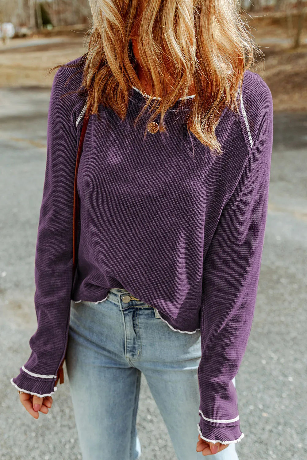 Purple Textured Round Neck Long Sleeve Top