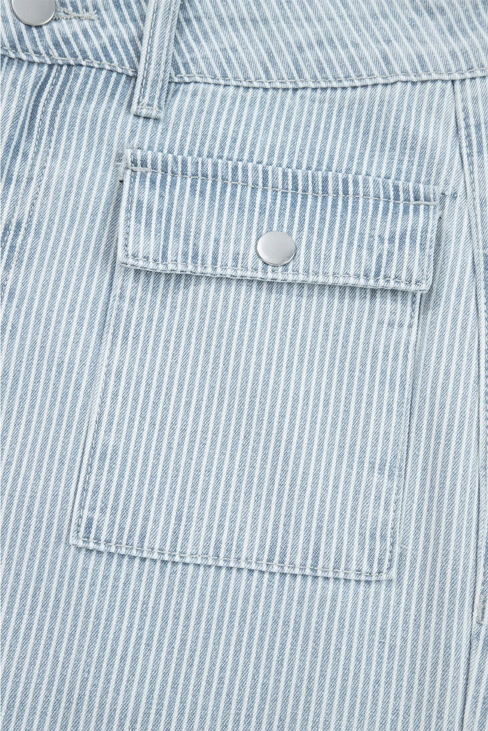 Sky Blue Stripe Button Flap Pocket Cuffed Hem Wide Leg Jeans