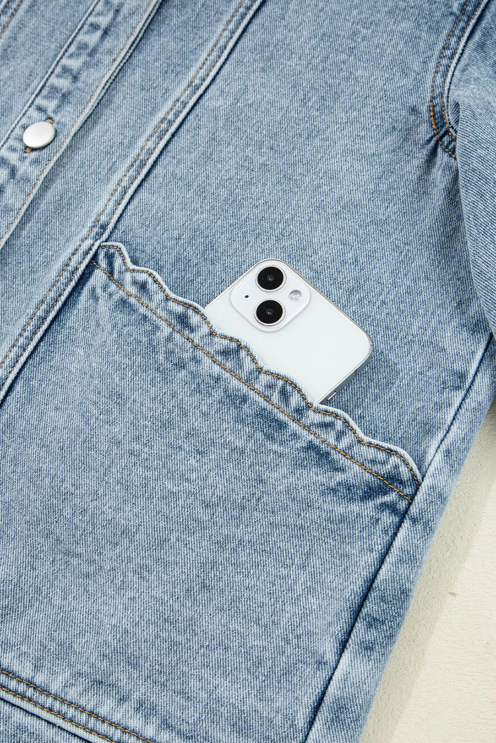 Scallop Trim Collar Patched Pocket Button Up Mineral Washed Denim Jacket