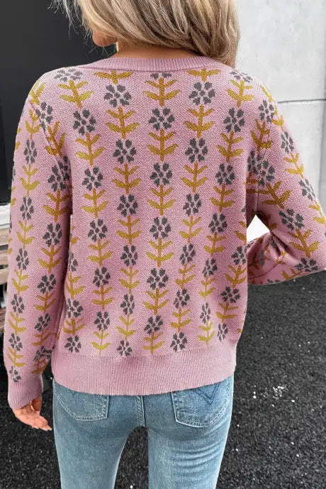Cardigan - Pink with Gray/Gold Flowers