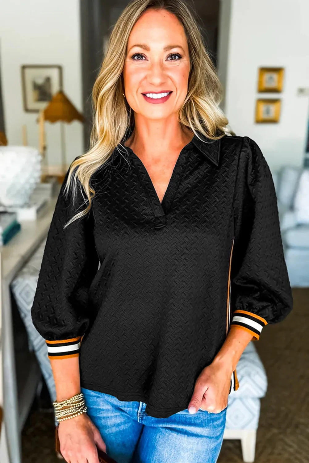 Black Stylish Textured Striped Patchwork Polo Collar Pullover Sweatshirt 3/4 Sleeve