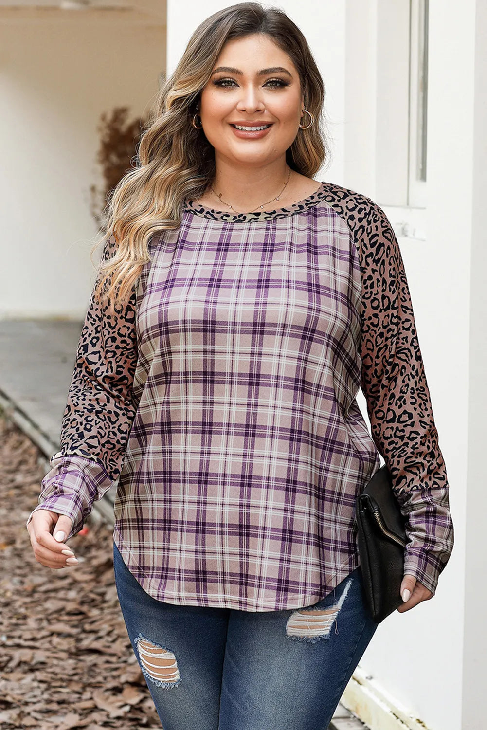 Leopard Raglan Sleeve Plaid Top Plus Size