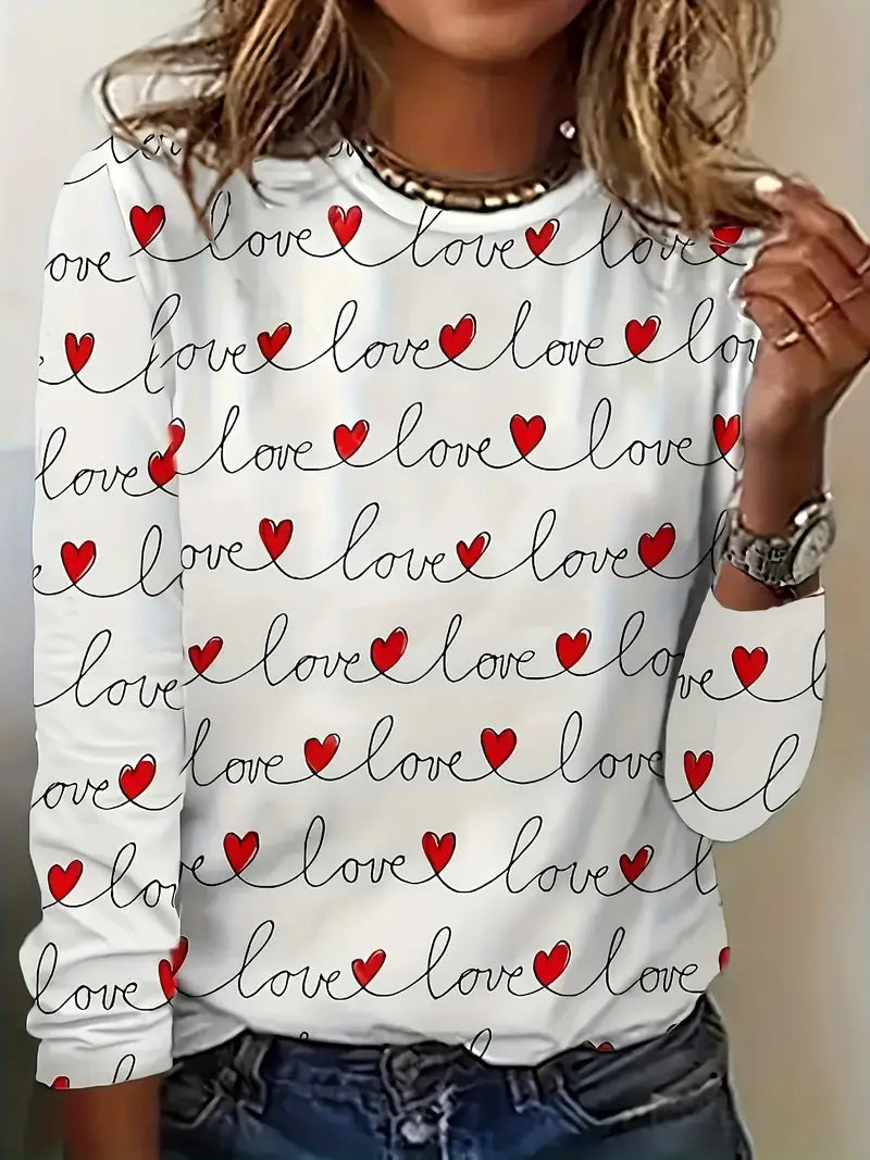 Heart Print Crew Neck T-shirt, Casual Long Sleeve