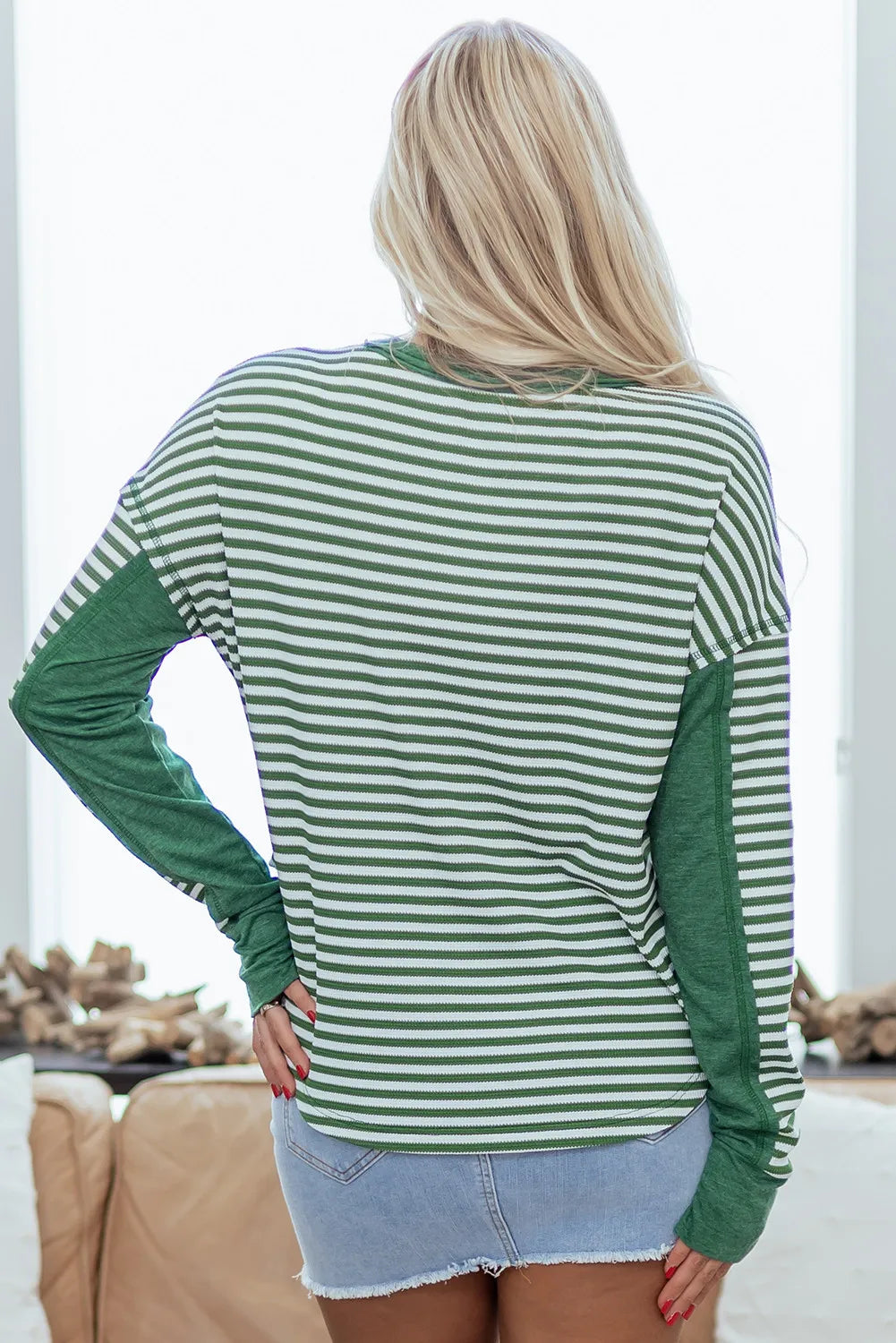 Green Stripe Thermal Knit Drop Shoulder Casual Top Full Size Run