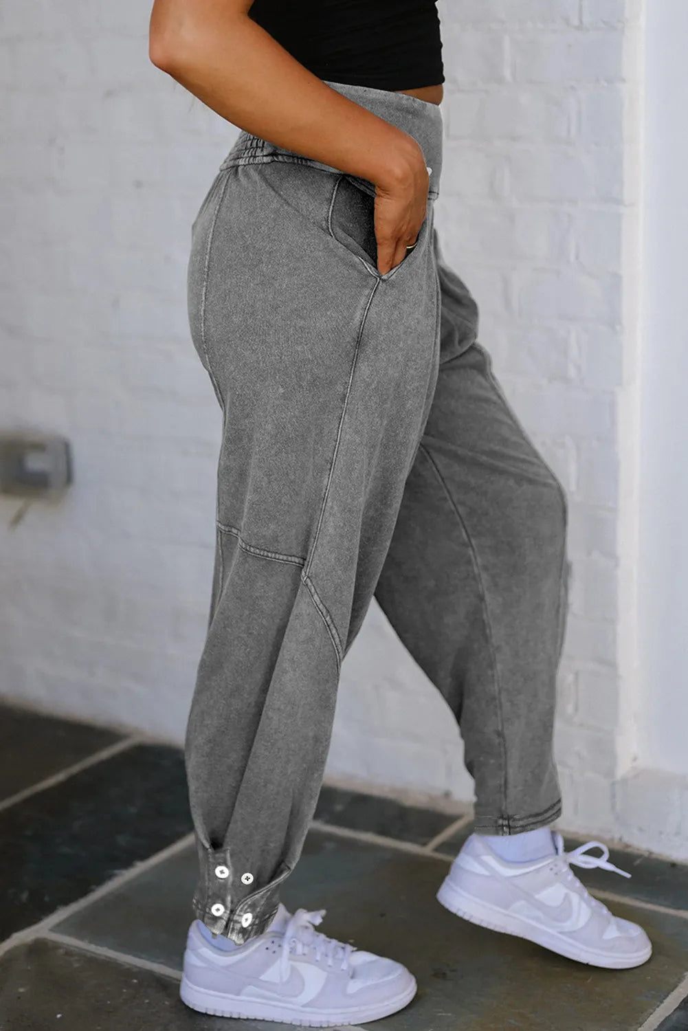 Grey Mineral Wash Jogger Style High Waist Casual Pants