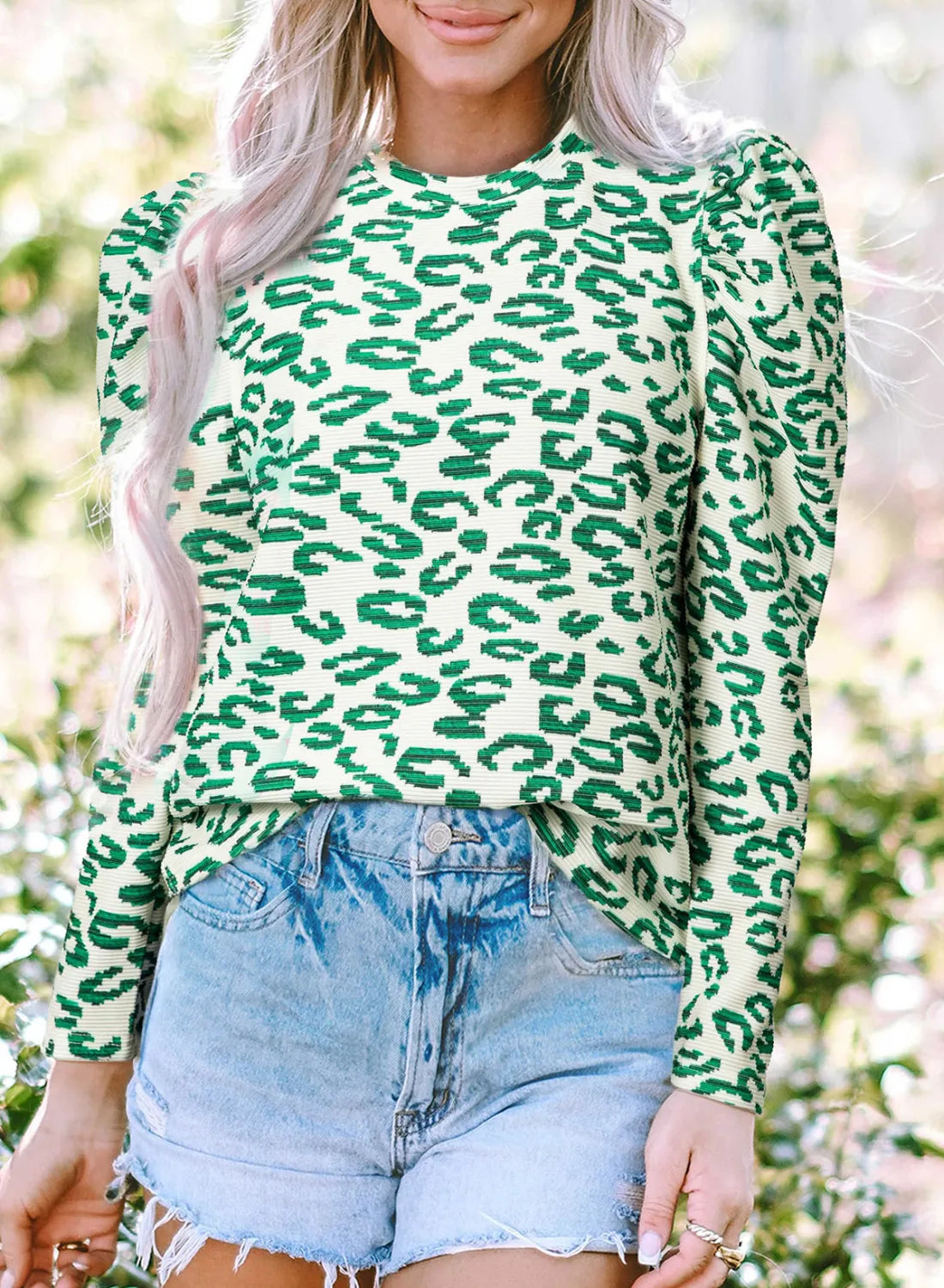 Green Leopard Print Mock Neck Puff Sleeve Top