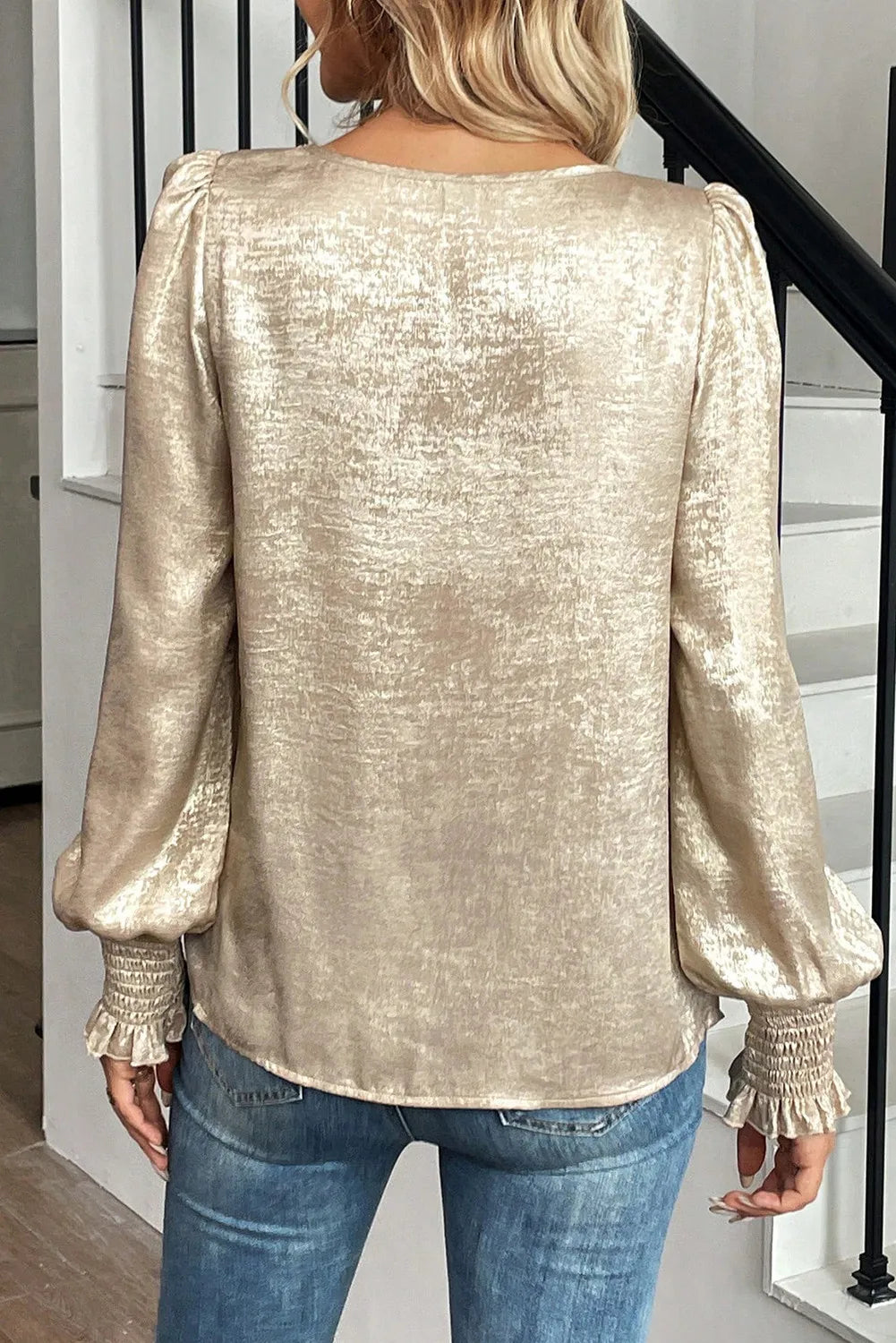 Gold Metallic Round Neck Smocked Long Sleeve Blouse