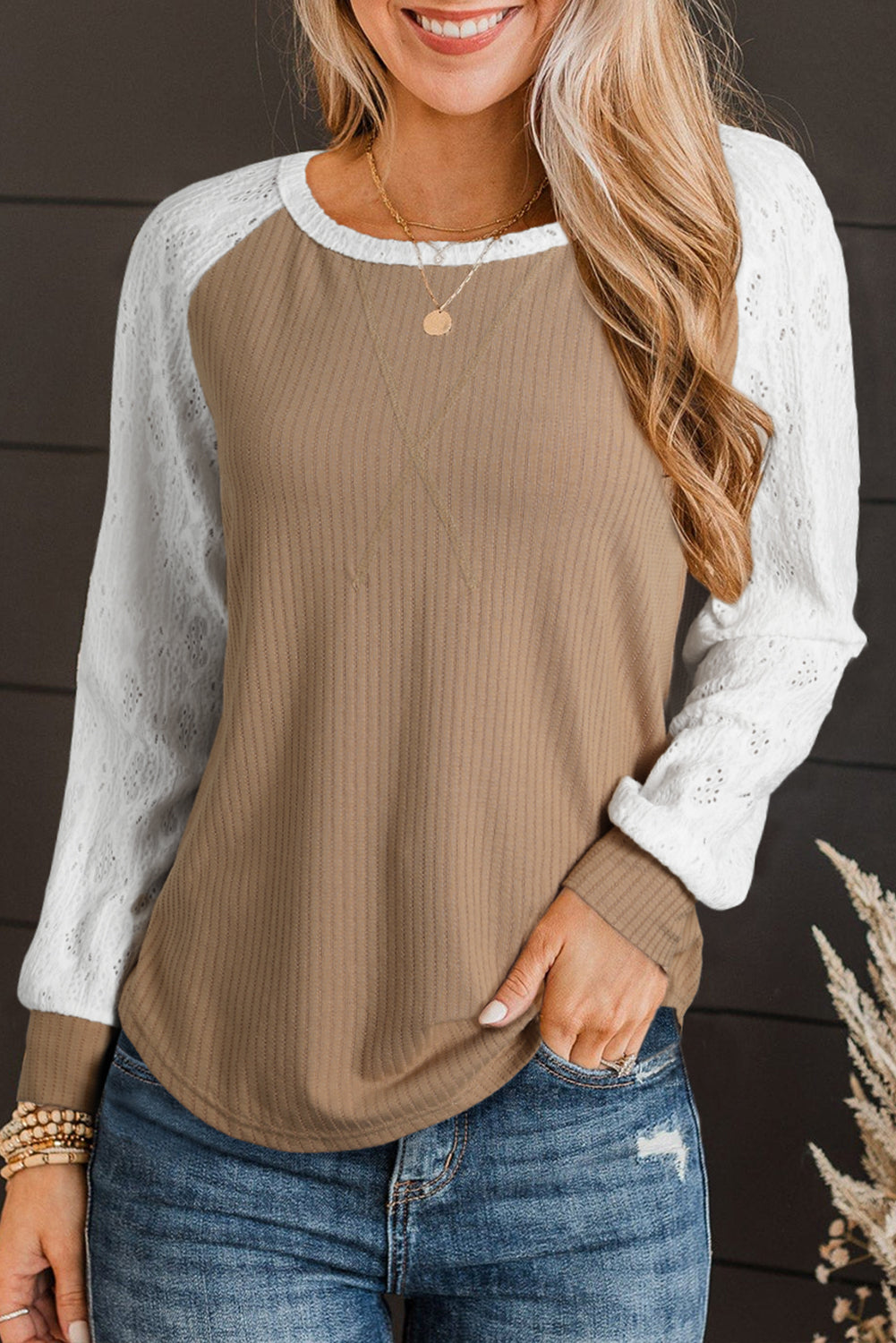 Light French Beige Lace Crochet Patch Long Sleeve Textured Top Item NO.: 2969