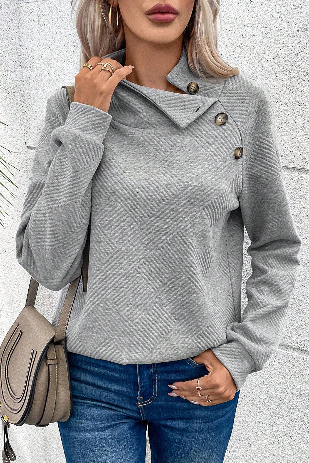 Gray Asymmetric Buttons Detail High Neck Textured Sweatshirt Item NO.: 6230