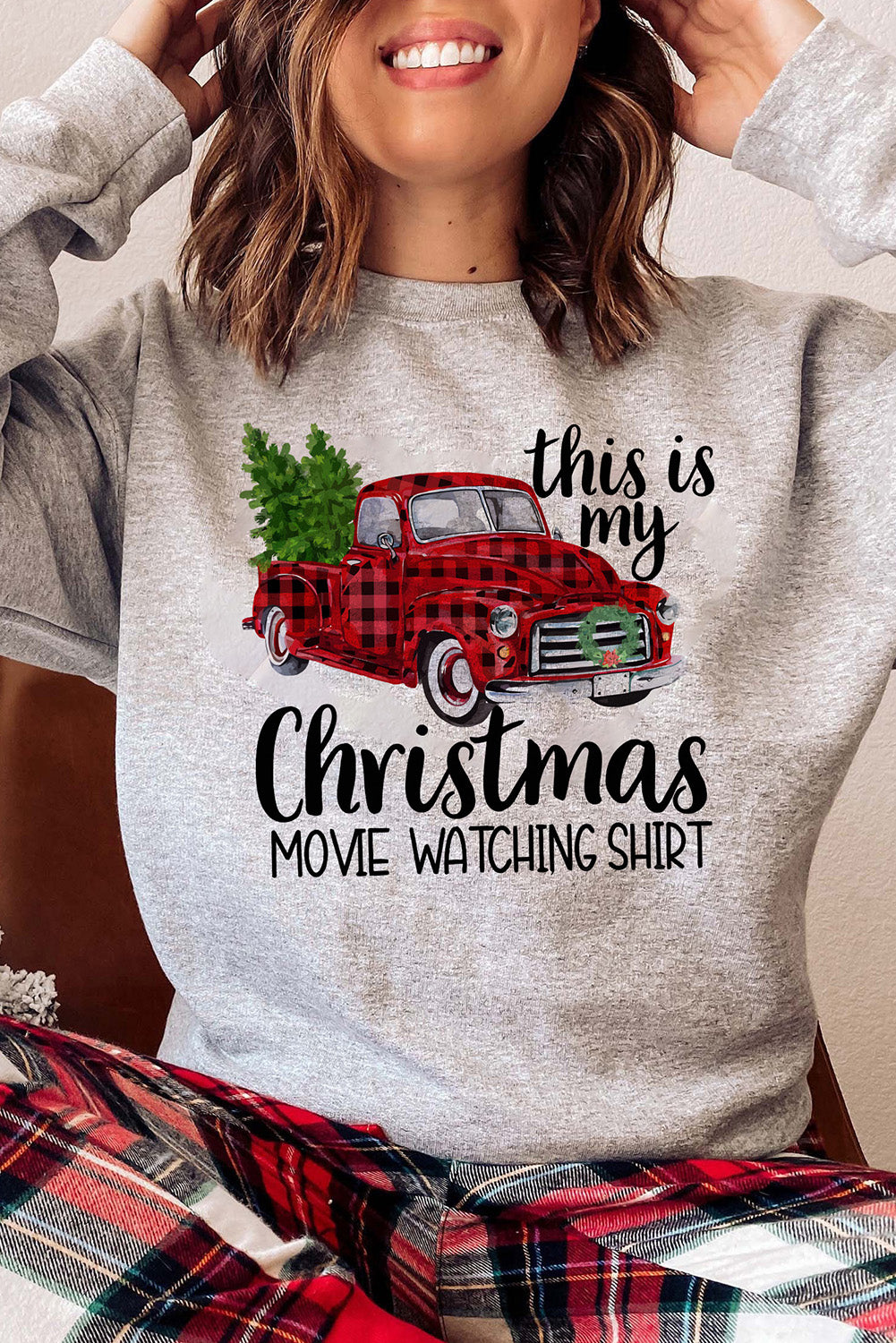 Gray Christmas Letter Plaid Car Graphic Print Pullover Sweatshirt Item NO.: 3640