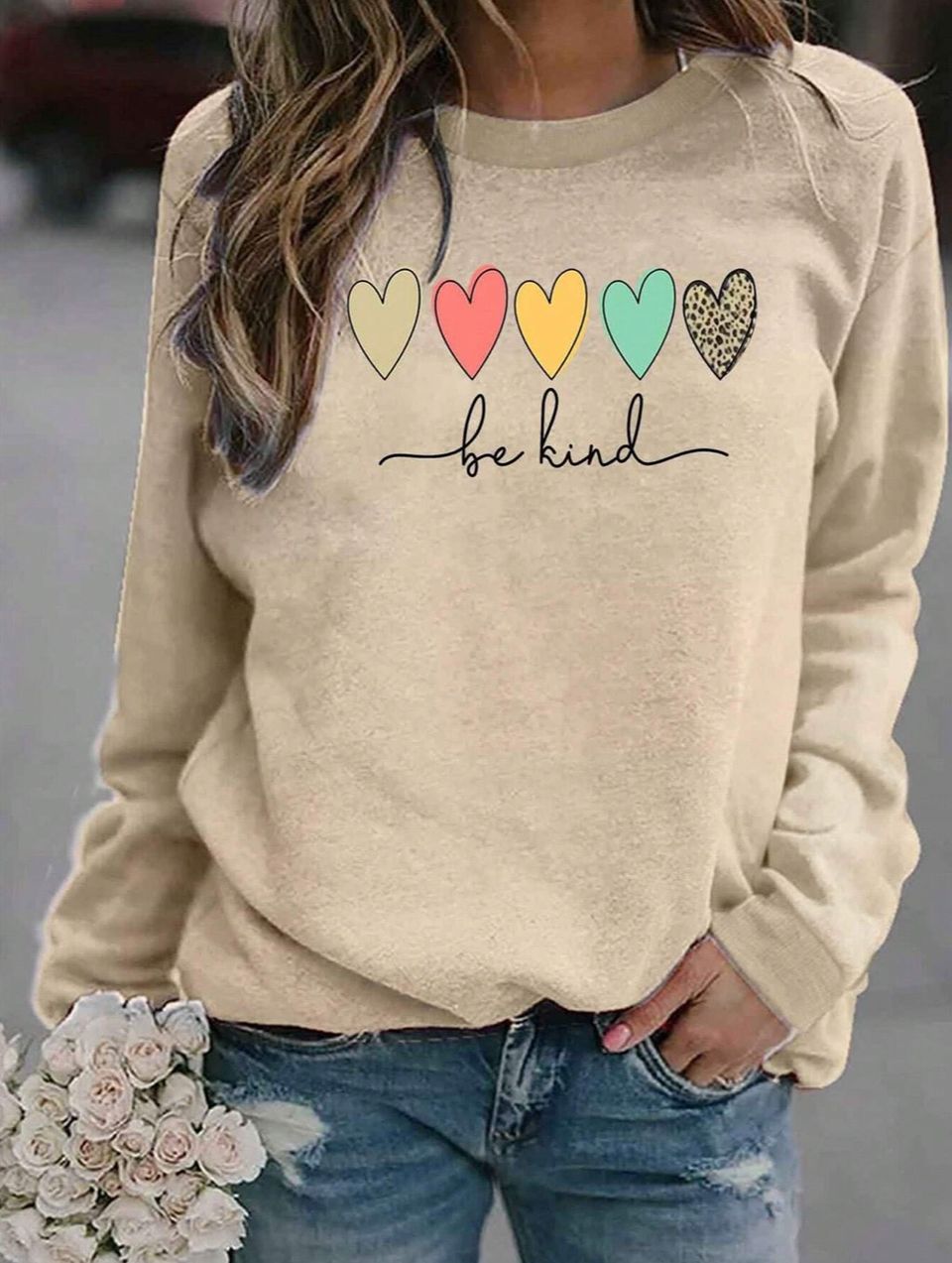 Be Kind Printed Women's Casual Simple Round Neck Fleece Sweatshirt With Heart & Letter Design SH4945
