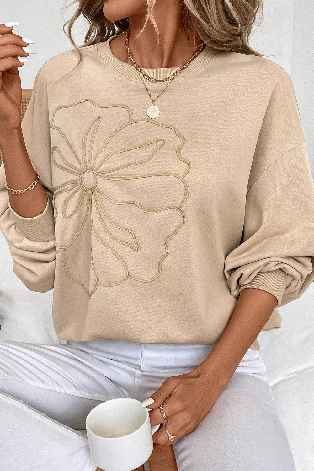 Tan Embroidered Flower Pattern Drop Shoulder Sweatshirt