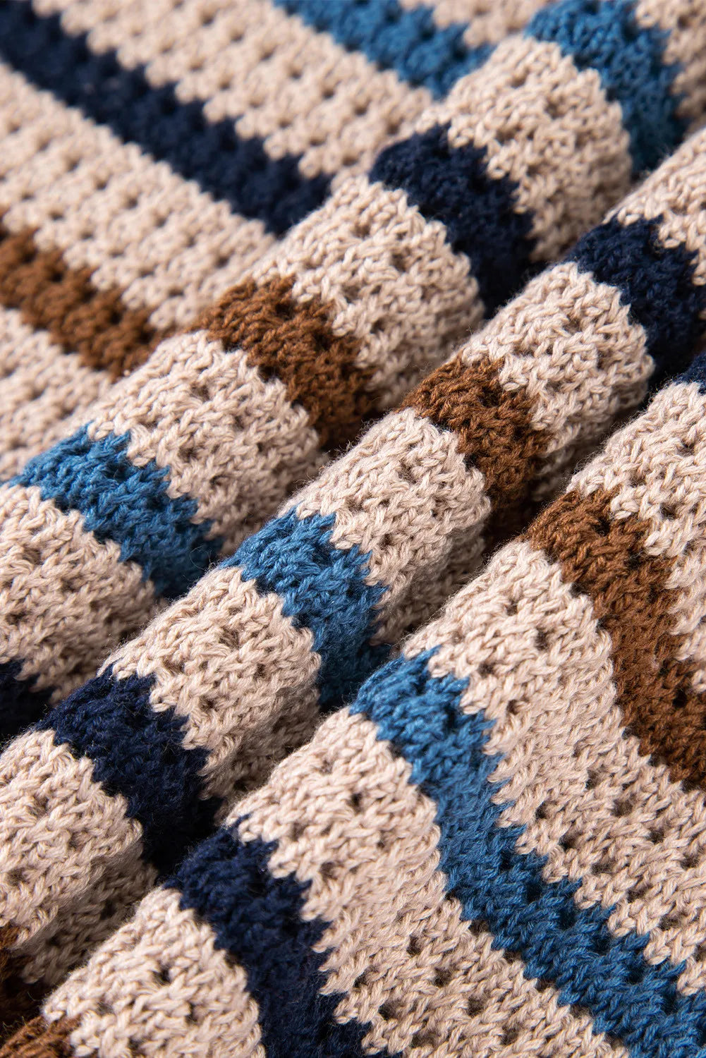 Blue and Brown Striped Knitted Drop Shoulder Round Neck Sweater