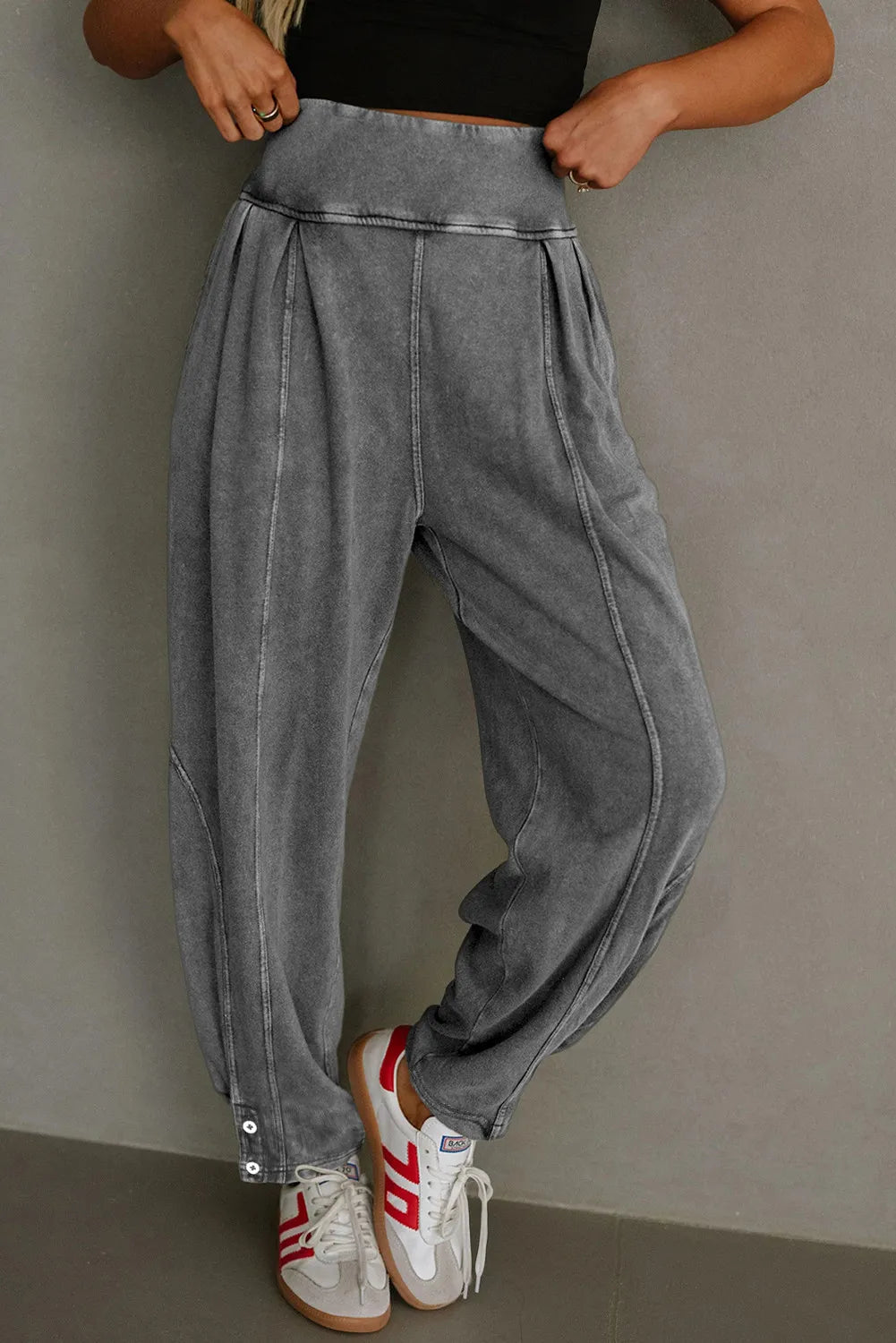 Grey Mineral Wash Jogger Style High Waist Casual Pants