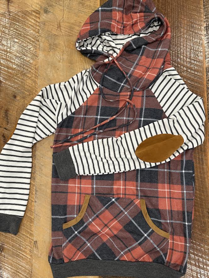 Plaid and Stripe Elbow Patch Hoodie
