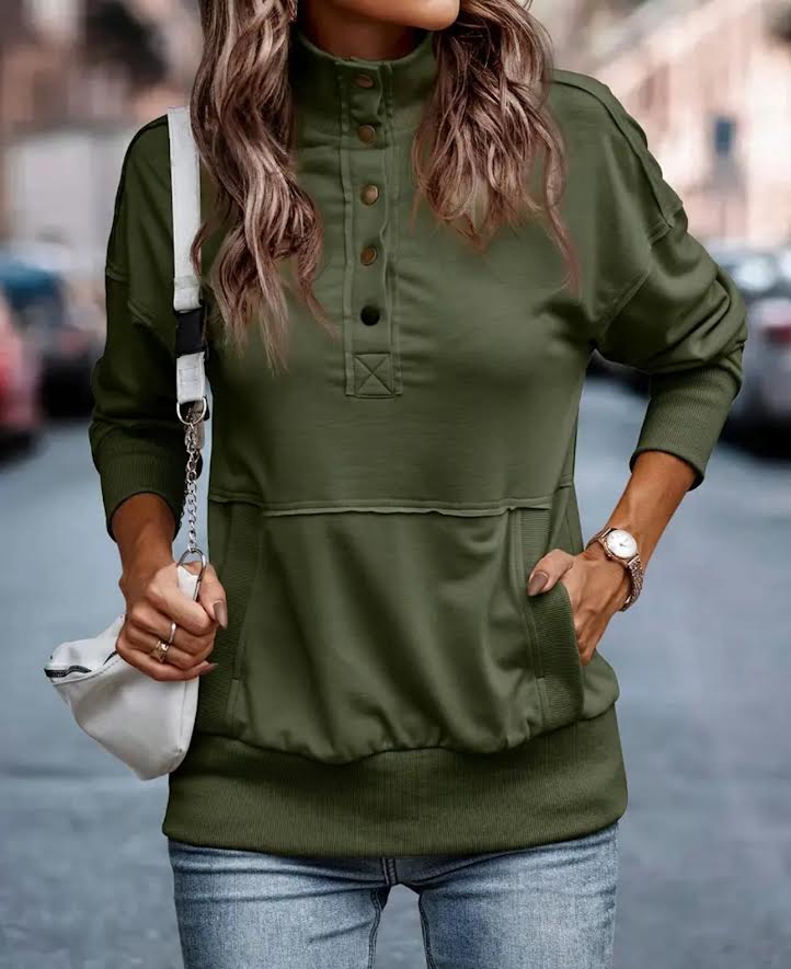 Army Green Sweatshirt with pocket and button details