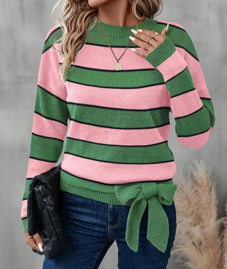 Women's Soft Green & Pink Striped Knit Sweater - Casual Long Sleeve Pullover with Round Neck and Knot Detail for Fall/Winter, Ladies Sweaters