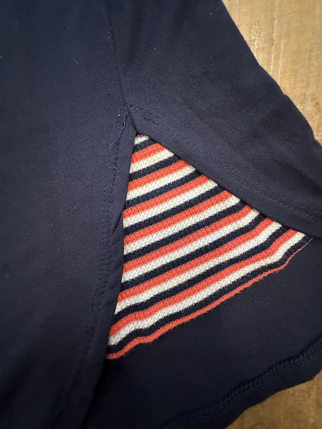 Short Sleeve Navy top with Coral, White, Navy Stripe Trim Detail