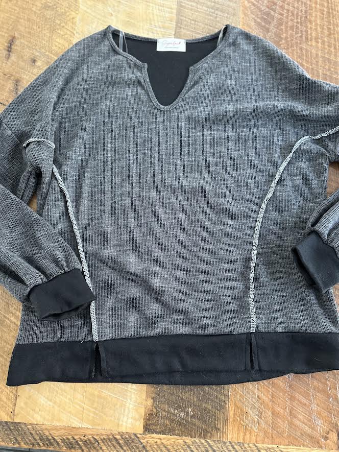 V Neck Exposed Seam Black Top