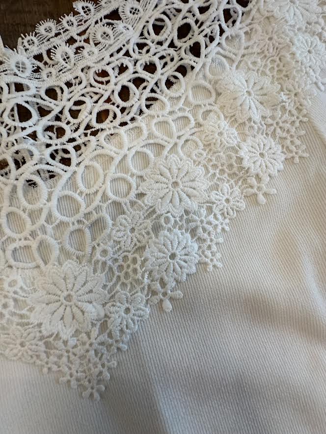 Long Sleeve White Top with Lacy Neckline