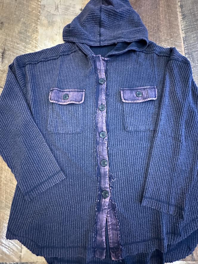 Long Sleeve Waffle Shacket with Hood - Purple/Blue