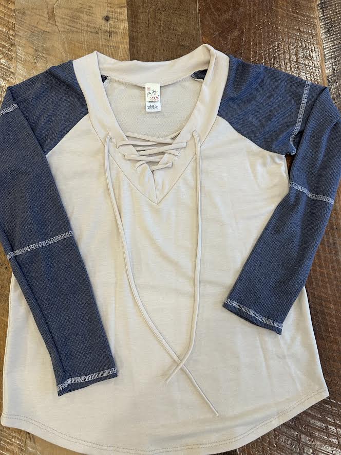 Long Sleeve Lace Up V Neck Shirt