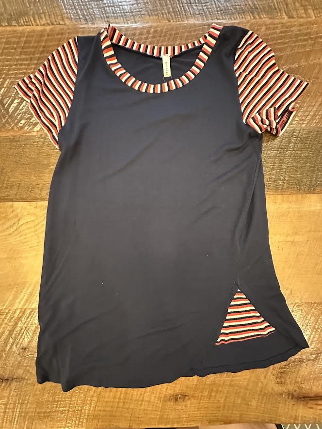 Short Sleeve Navy top with Coral, White, Navy Stripe Trim Detail