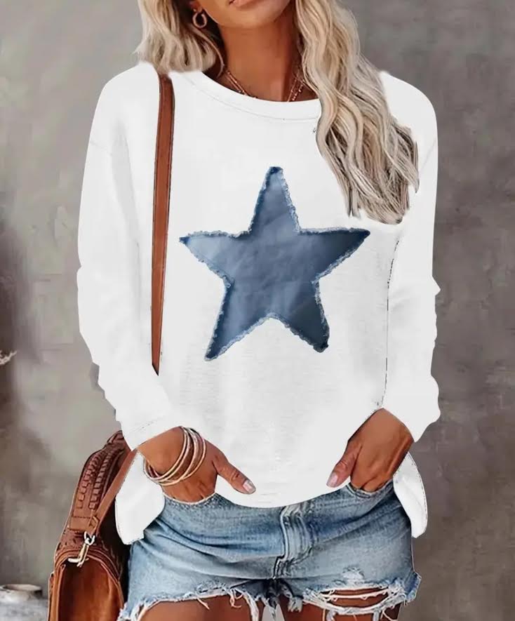 Loose Fit Long Sleeve Tee White with Blue Star