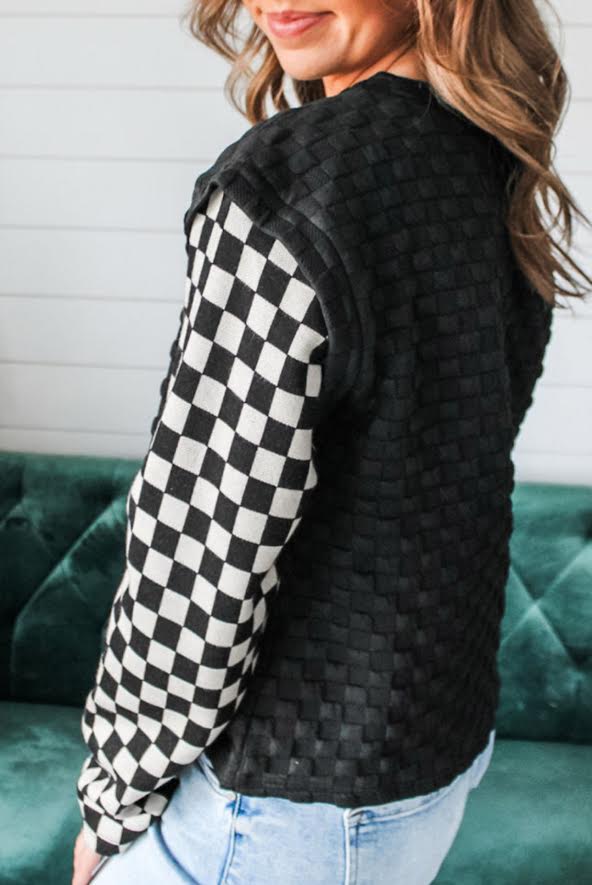 Checkered Sleeve Top - Black and White