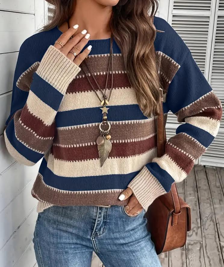 Navy Tan Striped Sweater