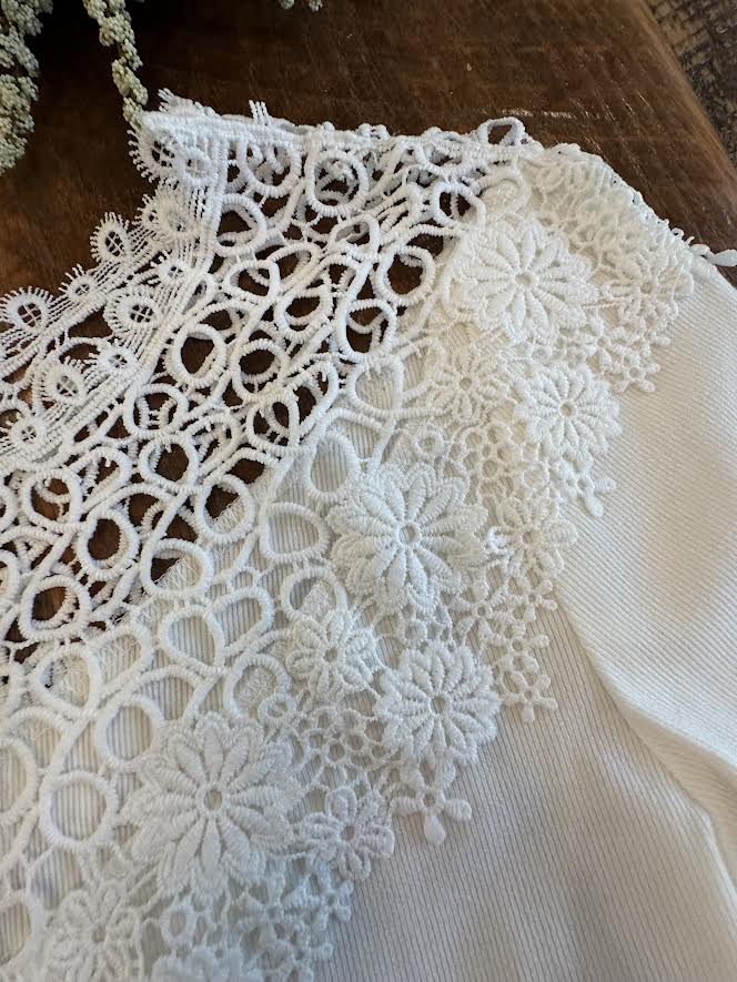Long Sleeve White Top with Lacy Neckline