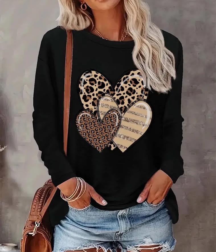 Long Sleeve Black Top with leopard hearts