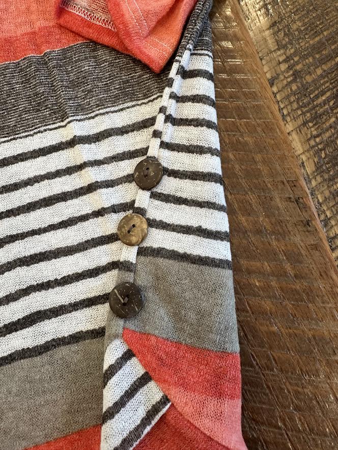 3/4 Sleeve Top with button detail salmon/yellow/gray