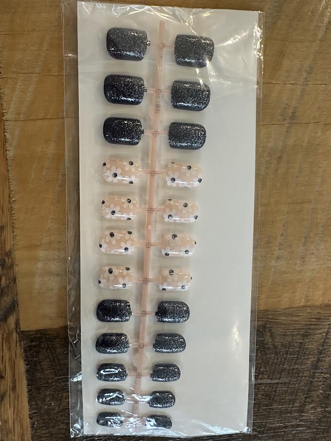DARK BLUE GLITTER AND FLOWER FAKE NAILS