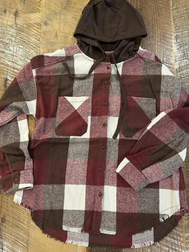 Wine Plaid Shacket with Hood