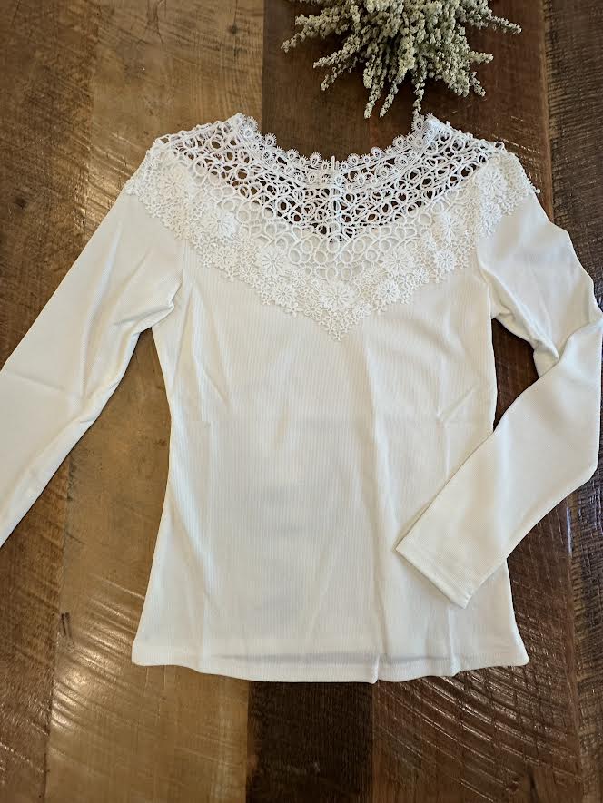 Long Sleeve White Top with Lacy Neckline