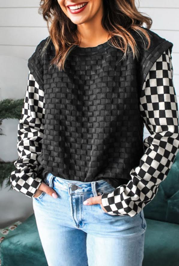 Checkered Sleeve Top - Black and White