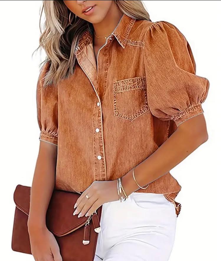 Short Sleeve Denim Look Shirt