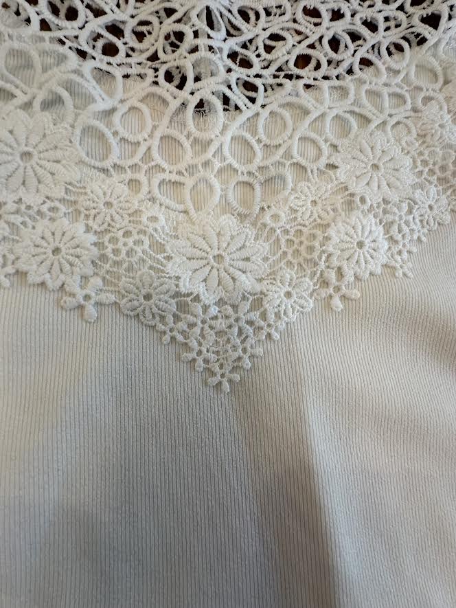 Long Sleeve White Top with Lacy Neckline