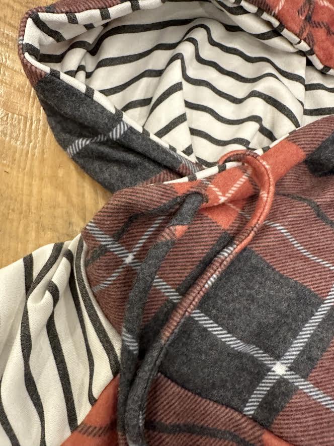 Plaid and Stripe Elbow Patch Hoodie